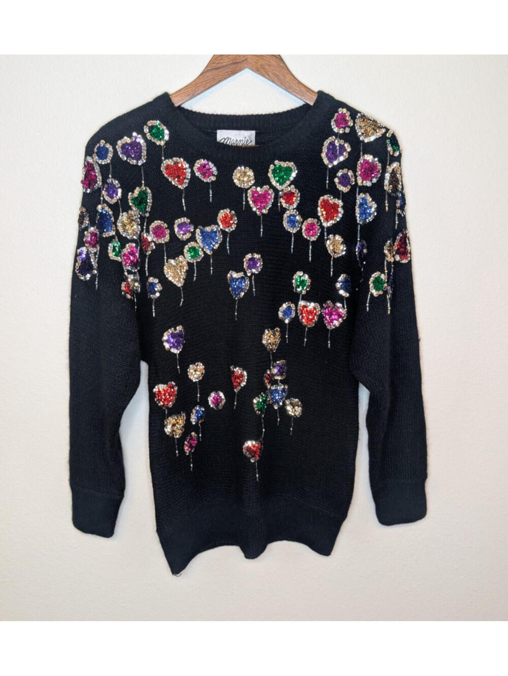Vintage Marnie West Sweater Silk Angora Rabbit Sequin Beaded Sweater Hearts Sz M